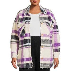 Terra & Sky Purple Plaid Sherpa Shacket Jacket Coat 3X Plus Size Cozy Soft